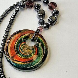 Hematite Necklace Murano Glass Rainbow Twirl Pendant